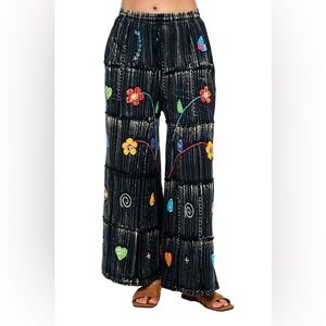 Brushed Tie Dye Hand Embroidered
Floral Pants|Black